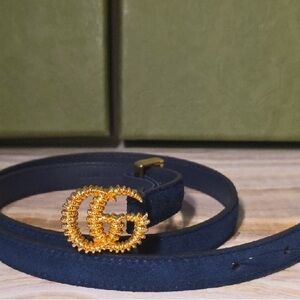 Gucci Dark Blue Belt with Gold GG Logo
